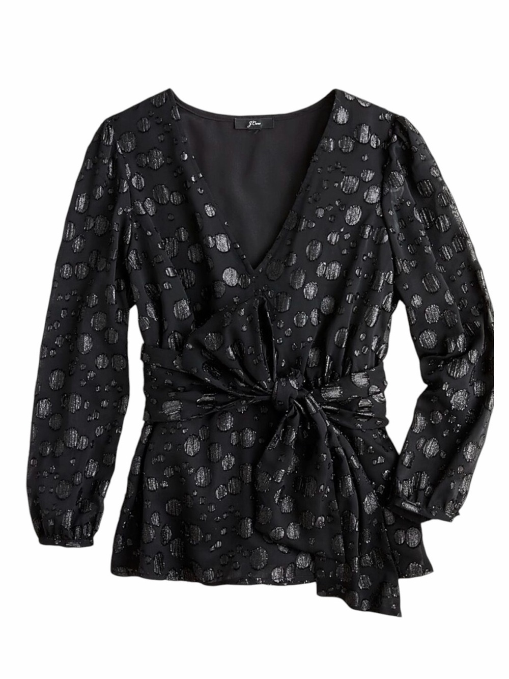 J. Crew Black Metallic Dot Jacquard Blouse Women's M Tie-Waist V-Neck Holiday